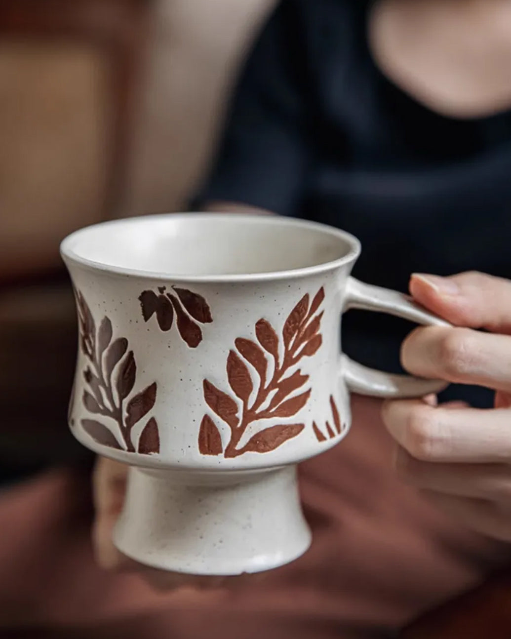 Handmade Vintage Ceramic Mug – Floral Pottery Pedestal Cup