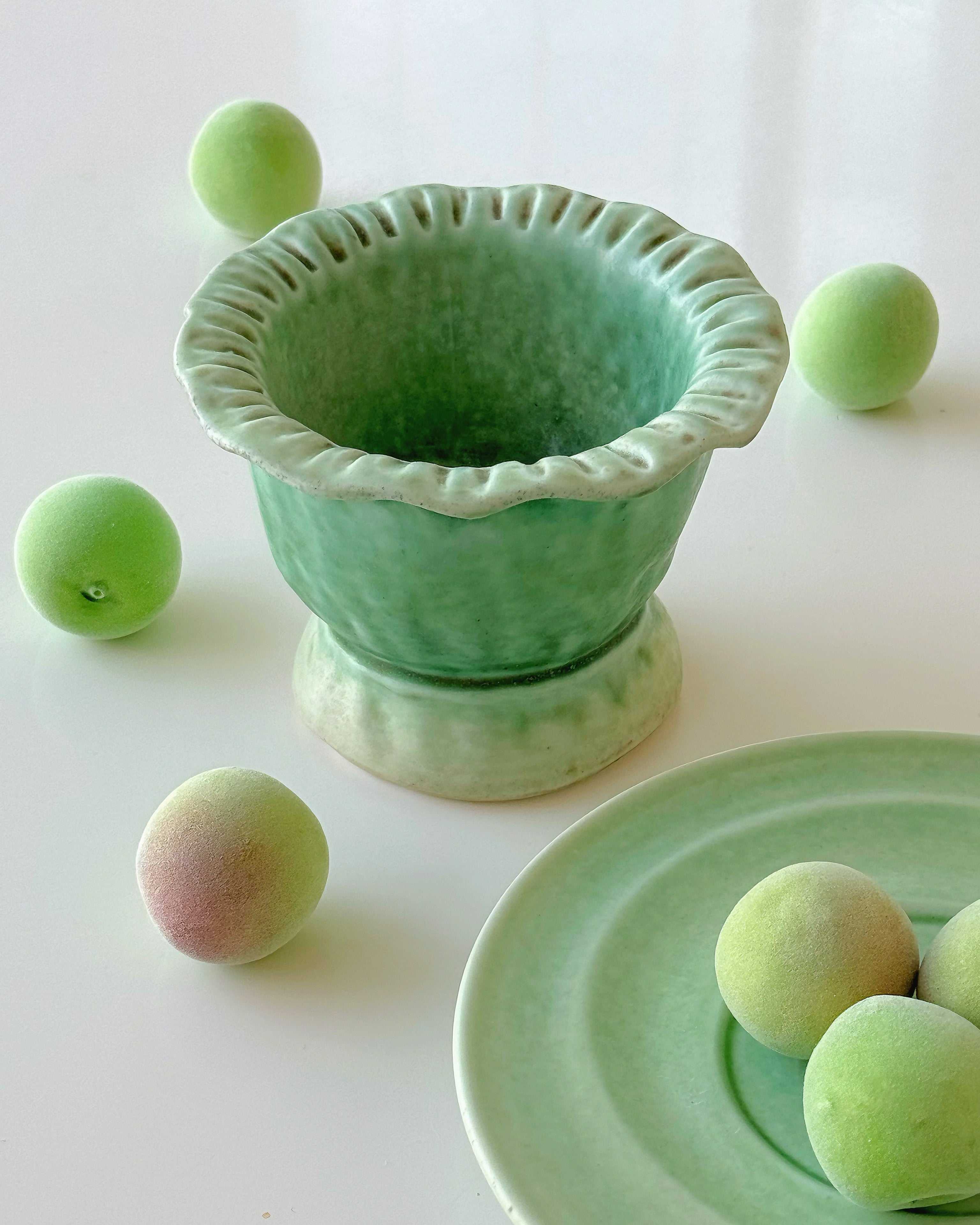 Handmade Ceramic Dessert Bowl – Soft Jade Glaze, Rustic Stoneware