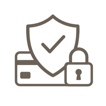 A minimalist brown line icon depicting a credit card, a shield with a checkmark, and a padlock on a plain white background.