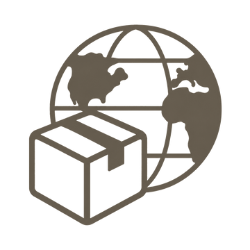 A minimalist brown line-art icon showing a globe with continents overlaid by a shipping box, on a light beige background.