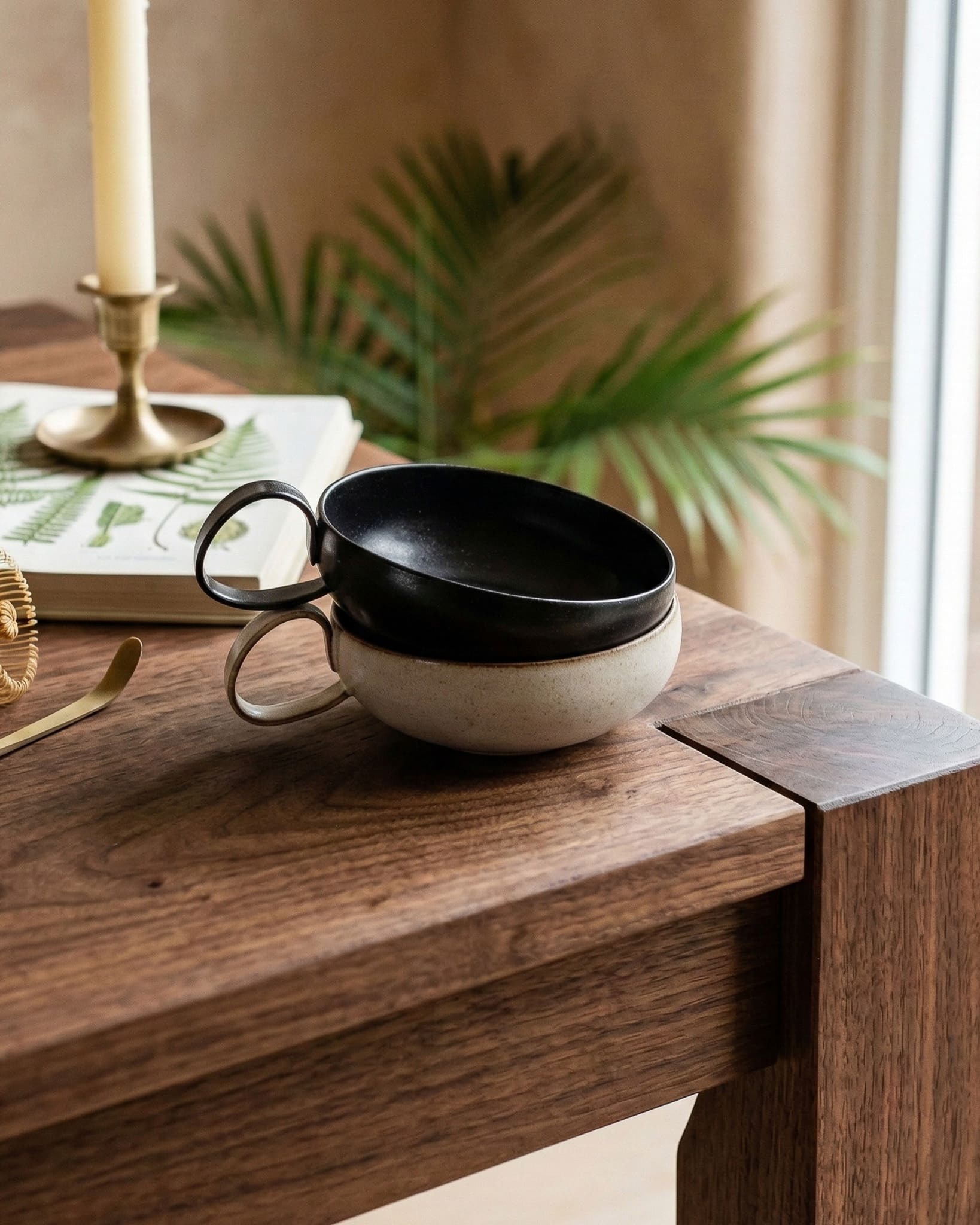 Ceramic cup with black interior on a wooden surface with a plant and candle in the background