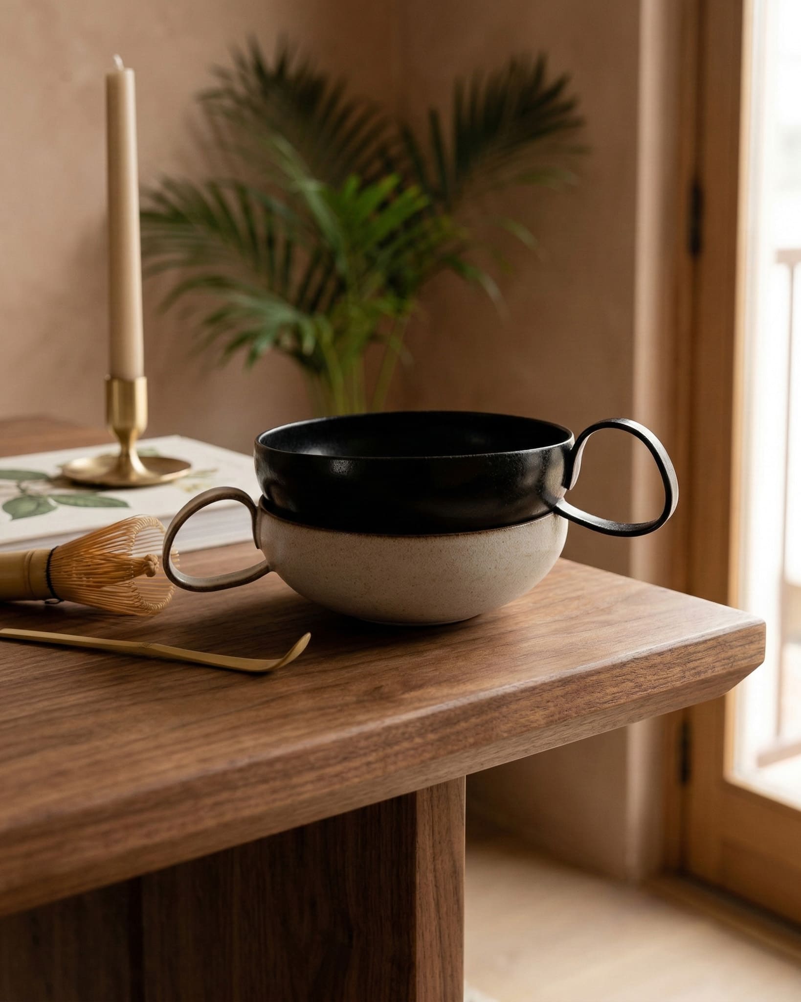 Black and white ceramic bowl on a wooden table with a plant and candle in the background